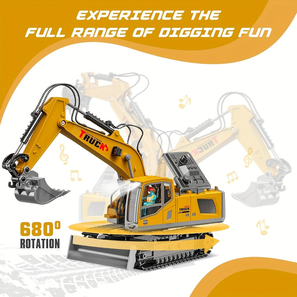 RC Excavator with Metal Shovel, LED Lights, 13CH or 17CH