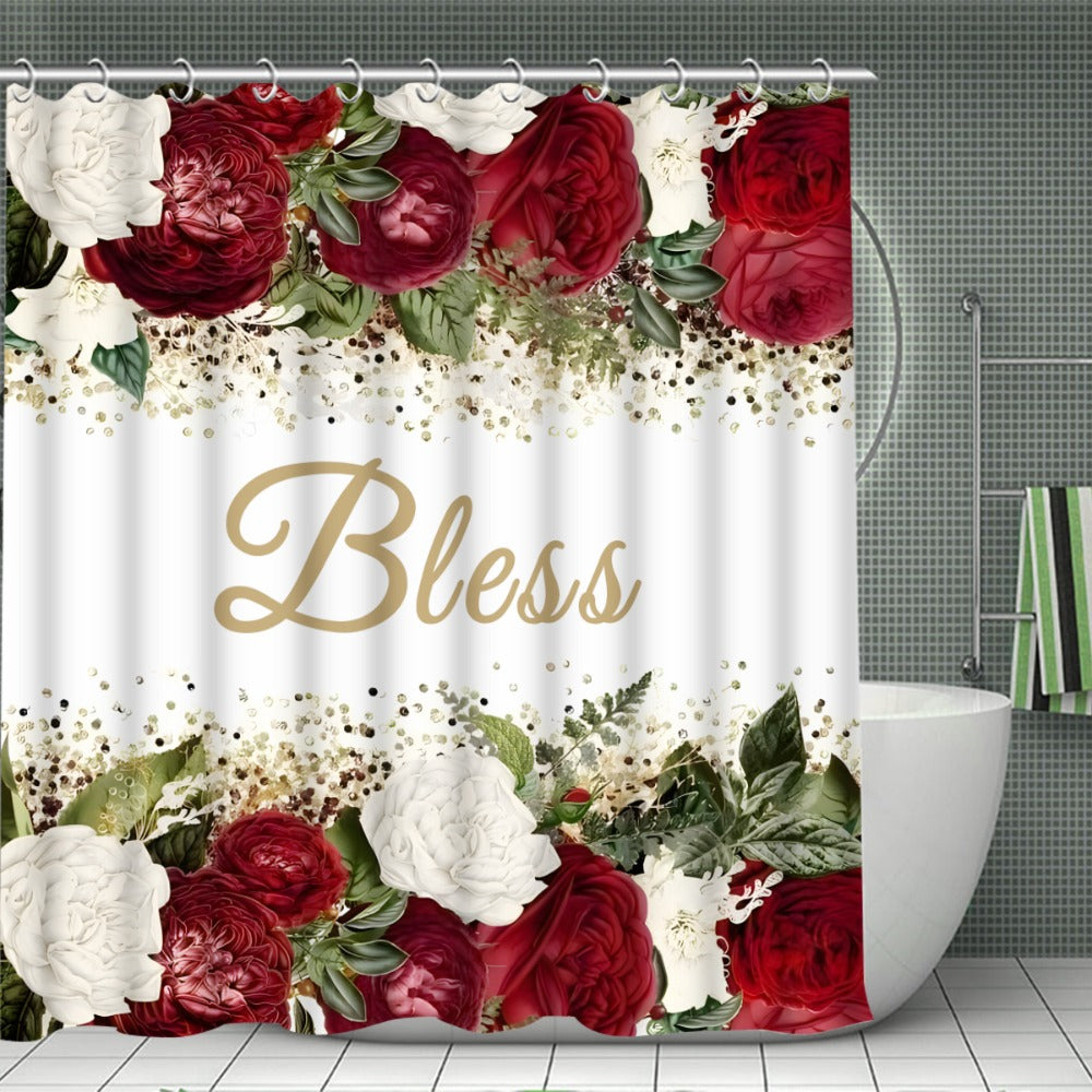 Rose Print Shower Curtain 4-Piece Bathroom Set – Toilet Lid Cover Mat Machine Washable with 12 Hooks Elegant Floral Decor