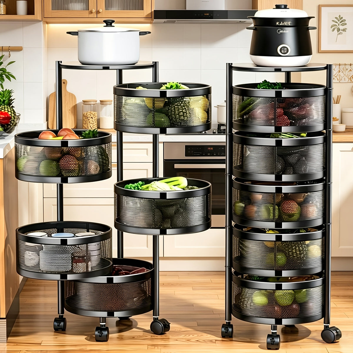 Rolling Storage Cart with Wheels 5-Tier 360° Rotating Kitchen Organizer Basket, No Assembly Space-Saving Floor Standing Bin for Kitchen Pantry Bathroom Bedroom Fruits Vegetables Home Organization