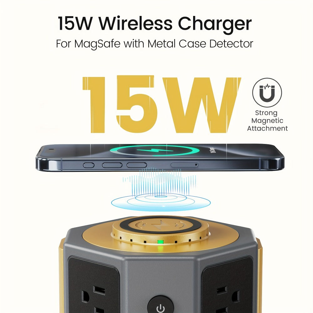Wireless Charging Tower Power Strip 18-in-1 Surge Protector - 12 AC Outlets, 6 USB Ports (2 USB-C), 1050 Joules, 5ft Retractable Cord, Gold Desktop Charging Tower for Home Office Dorm