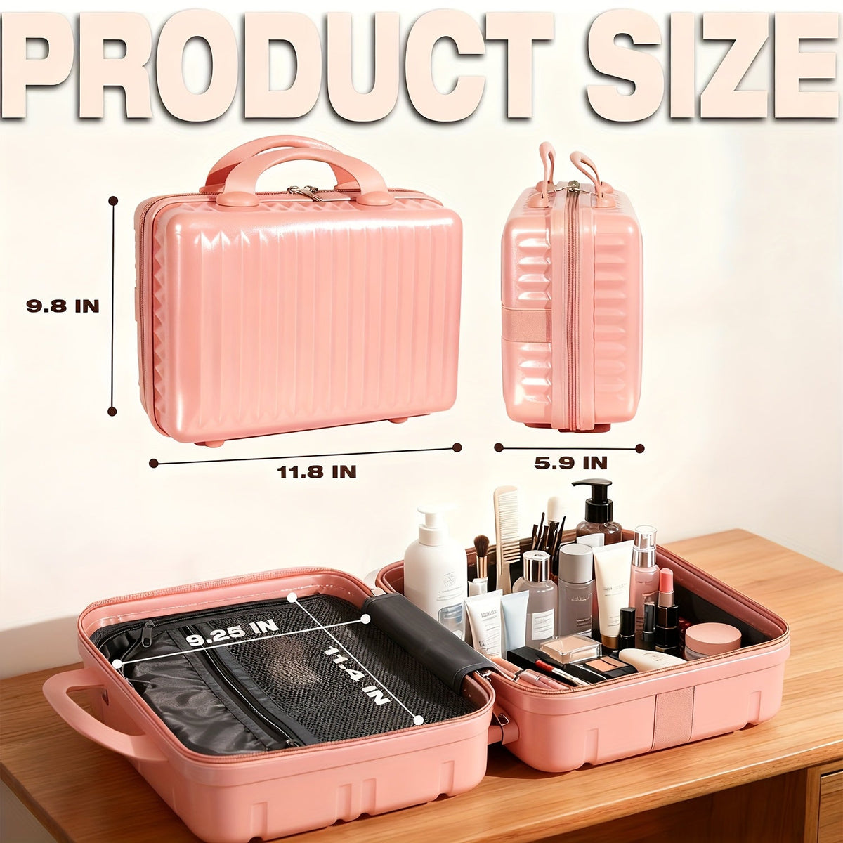 Hard Shell Makeup Travel Case Waterproof Pressure-Proof Portable Cosmetic Suitcase with Elastic Band Luggage Attachment Carry-On Organizer for Women Travel Camping Gym 30x25x15cm