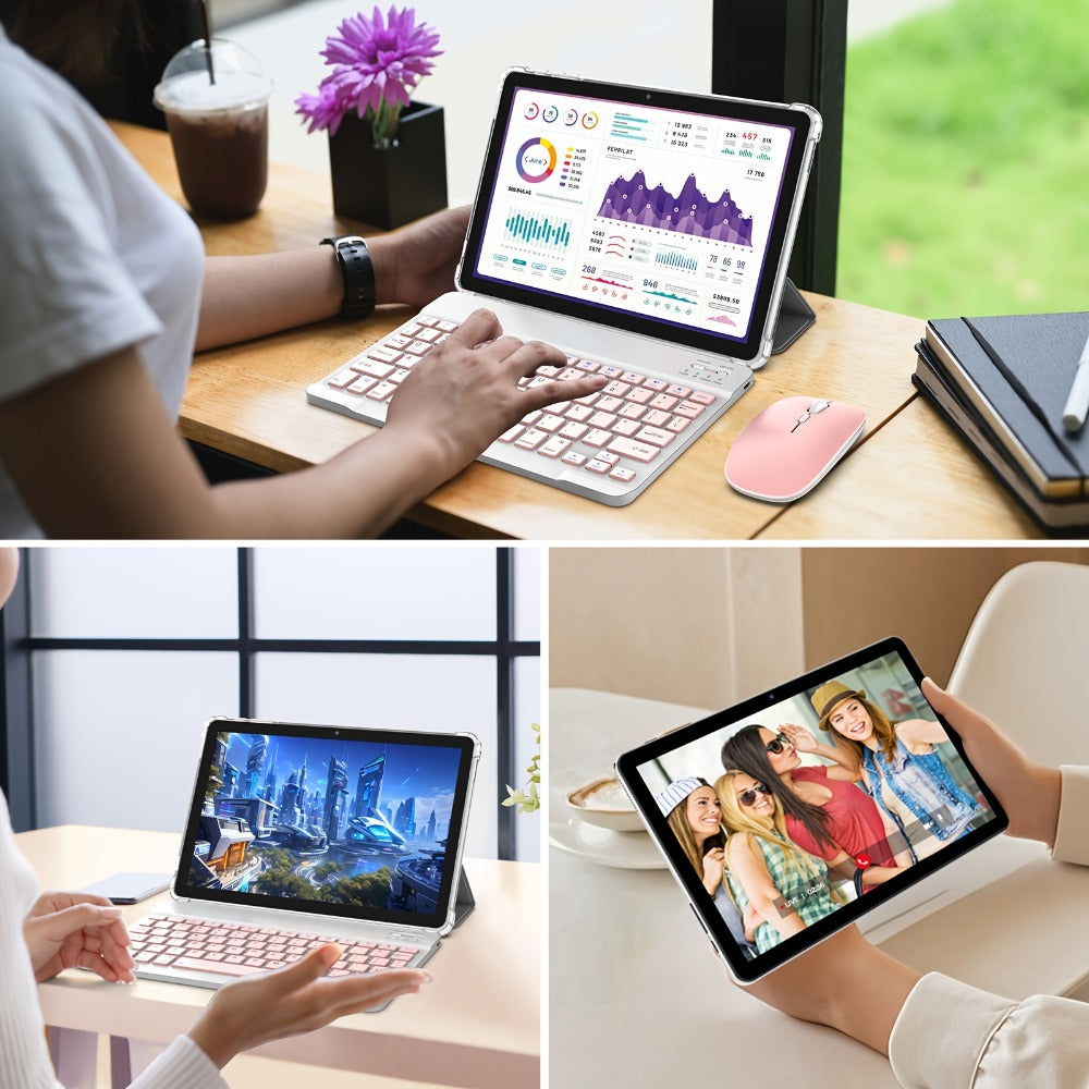 10 Inch Android 14 Tablet 8GB RAM 32GB ROM 1TB Expandable Octa-Core 1280x800 IPS Touch Screen Dual Camera WiFi 2-in-1 Tablet PC with Optional Keyboard Mouse Case & Stylus – White