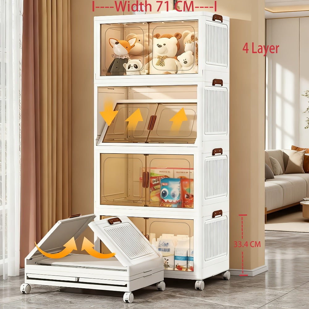 Foldable Storage Cabinet with Door – Multi-Layer Stackable Storage Box for Shoes, Clothes & Books | Large Closet Organizer for Bedroom, Bathroom, Kitchen, Office & Wardrobe