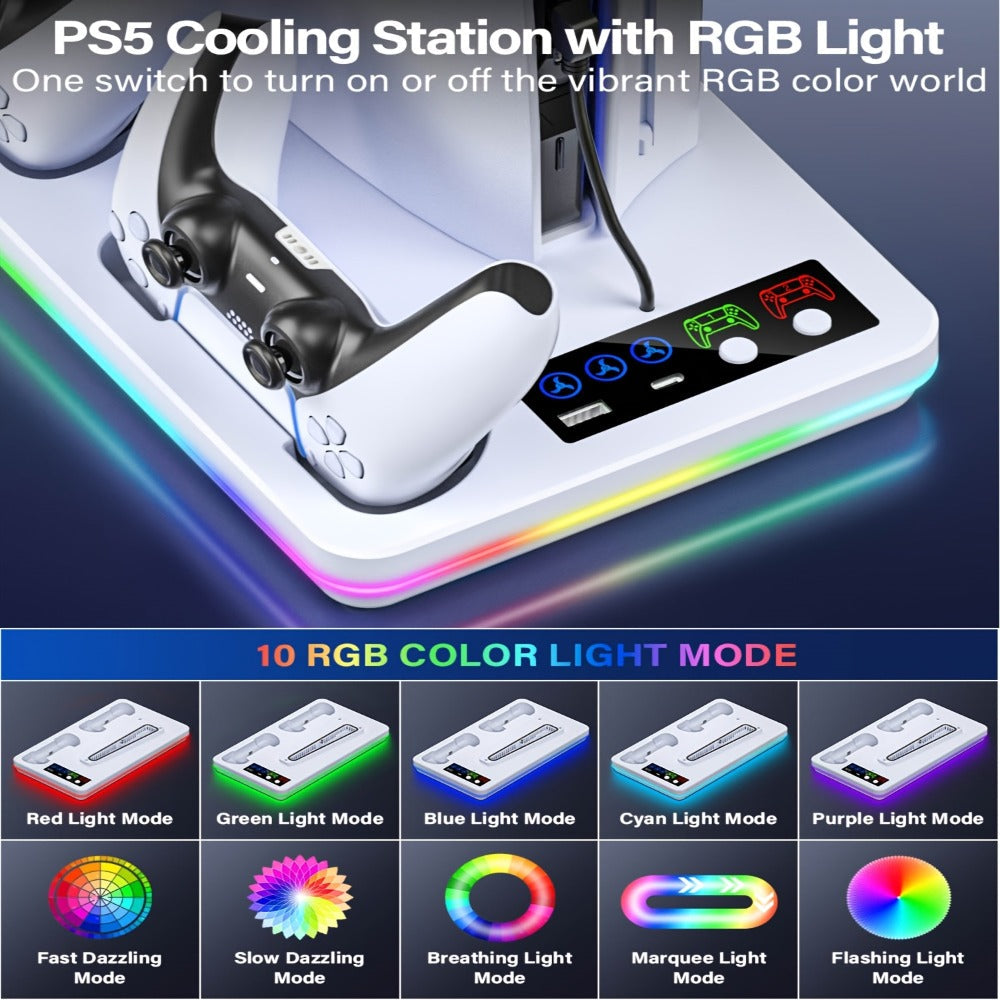 PS5 Cooling Stand with Dual Controller Charging Dock – Compatible with PS5/Slim/Pro Standard & Digital Edition, 3-Speed Fan, 10 RGB Lights & USB Hub, PlayStation 5 Gaming Accessories