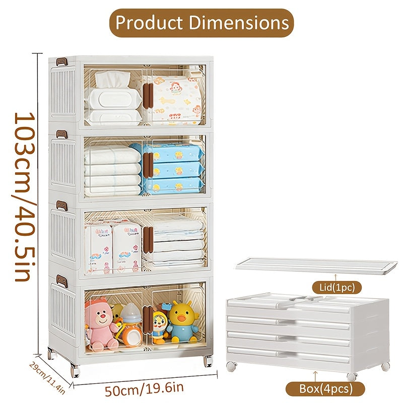 Stackable Foldable Storage Cabinet with Door – PP Plastic 1/2/3/4/5 Layer Organizer Box with Wheels & Cover | Dual-Access Home Storage for Clothes, Books, Snacks & Kitchen Supplies | Office & Garage