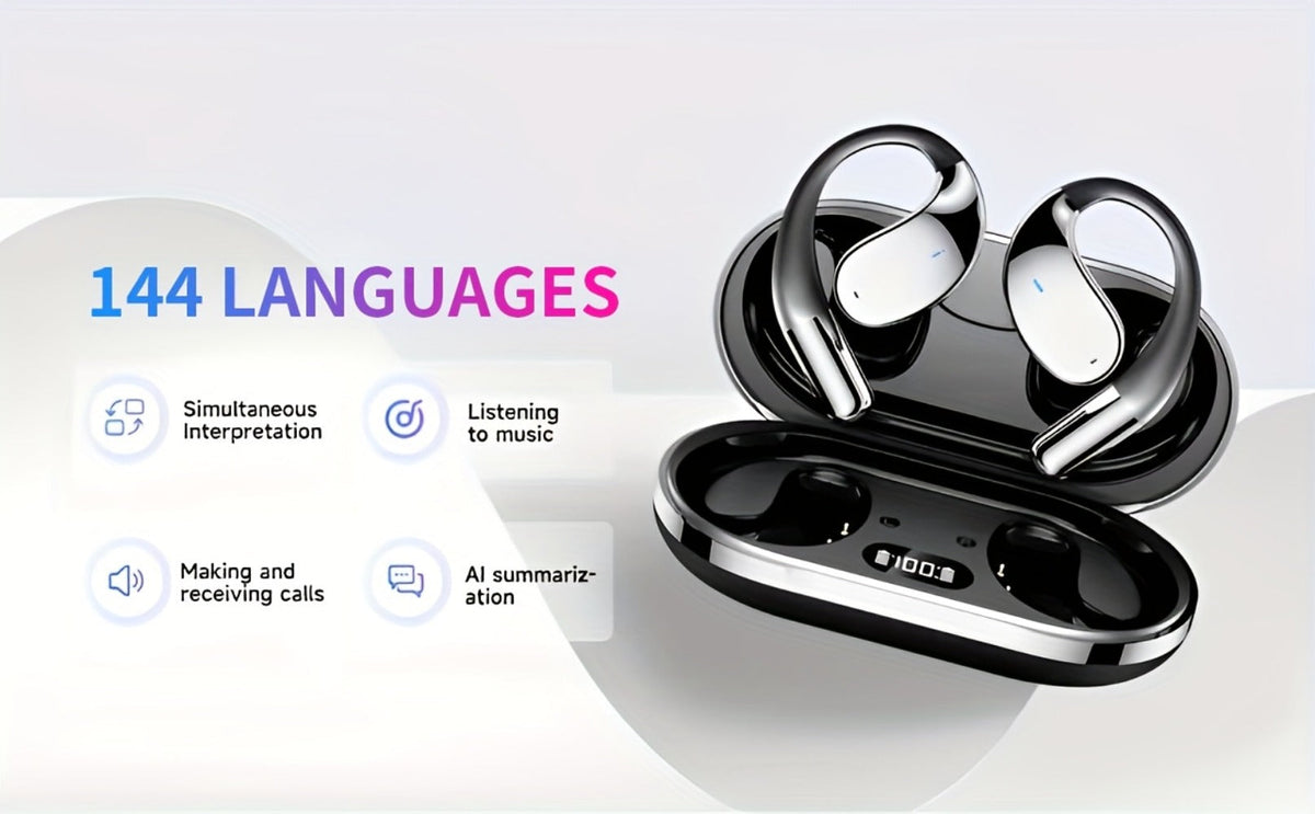 6-Mic AI Translation Bone Conduction Headset 144 Languages, Real-Time Translator Wireless Headphones, Meeting Notes Recording, Intelligent Noise Cancellation, Touch Control, Deep Bass, Open-Ear for Running Sport Business