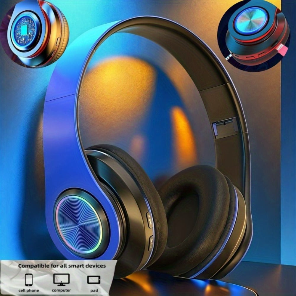 LED Light Over-Ear Wireless Headphones Deep Bass Subwoofer, Active Noise Cancelling Foldable Headset Bluetooth 5.3, Wired & Wireless Dual Mode AUX, USB Rechargeable for Gaming Music Sports