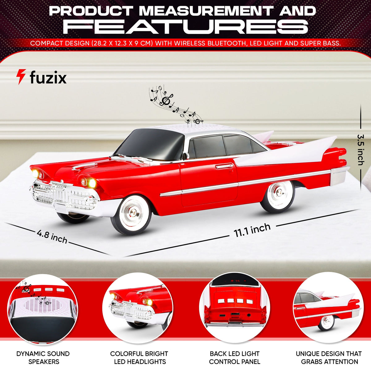 Retro Car Bluetooth Speaker with LED Headlights & Taillights, Fuzix WS-1965 Wireless Portable Stereo Speaker, AUX/USB/TF/FM Radio, Built-in Mic, Rechargeable Battery, Gift for Car Enthusiasts