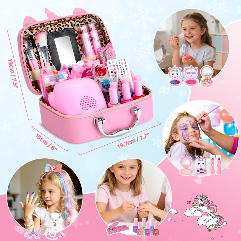 Kids Makeup Set for Girls – 2-in-1 Princess Makeup & Nail Art Kit with Mini Dryer & Accessories