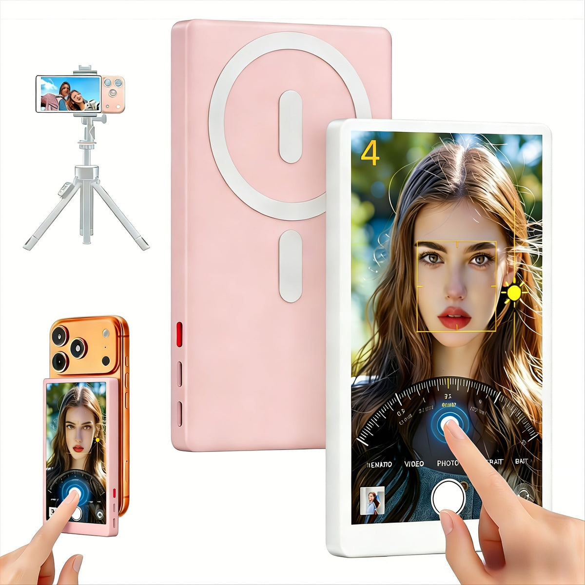 Wireless Selfie Monitor Screen for iPhone Android – 2500mAh Battery, Remote Control, 3-Level Brightness & Wide Screen Mode, Use Phone Rear Camera for Selfie Vlog No-Delay Live Streaming TikTok YouTube