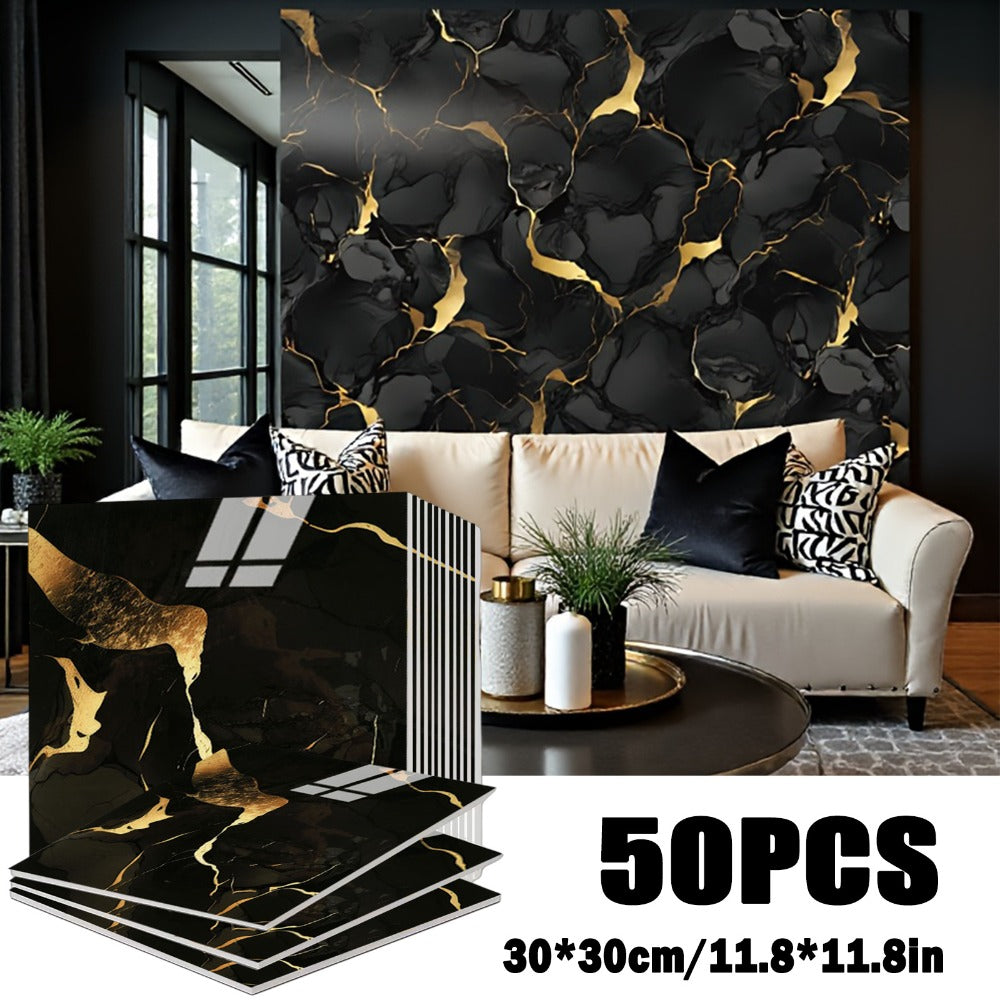 Self-Adhesive Marble Tile Stickers 11.8x11.8in Peel and Stick Wall Tiles for Bathroom Kitchen Backsplash – Waterproof 3D Glossy Imitation Marble Wall Panel, Easy to Install, 50 or 100 Pack