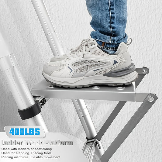 Ladder Platform Attachment with Retractable Work Surface and Tool Tray, Silver