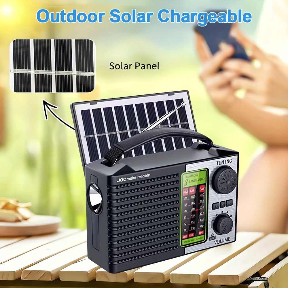 Emergency Solar Hand Crank Radio 5-in-1 with Dual Speaker, FM AM SW VHF, MP3 USB TF Card Player, 180° Foldable Solar Panel, LED Flashlight, Portable for Camping Power Outages Survival