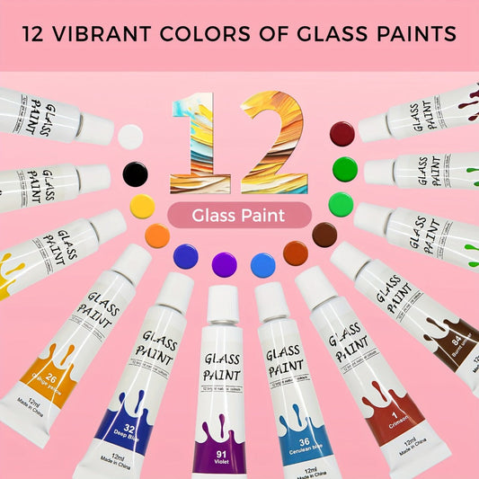 Stained Glass Paint Set, 12 Acrylic Colors with 3 Brushes – Glass Painting Kit for Windows, Wine Glasses, Ceramic & Mugs