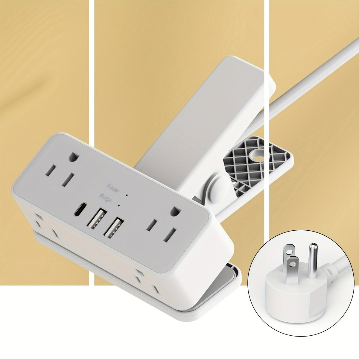 Clamp-On Desk Edge Power Strip with USB Ports & Surge Protection - 6ft Extension Cord, 1250W, US Plug, Clamp Design for Desktop Bed Edge Home Office Kitchen Charging Station