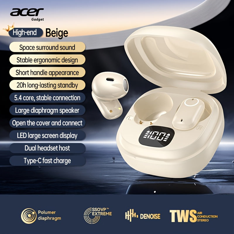 Acer Ergonomic Sports TWS Earbuds 50H Standby Low Latency HiFi Stereo Deep Noise Reduction Touch Control Lightweight Running Workout Wireless Earphones Black Purple Beige