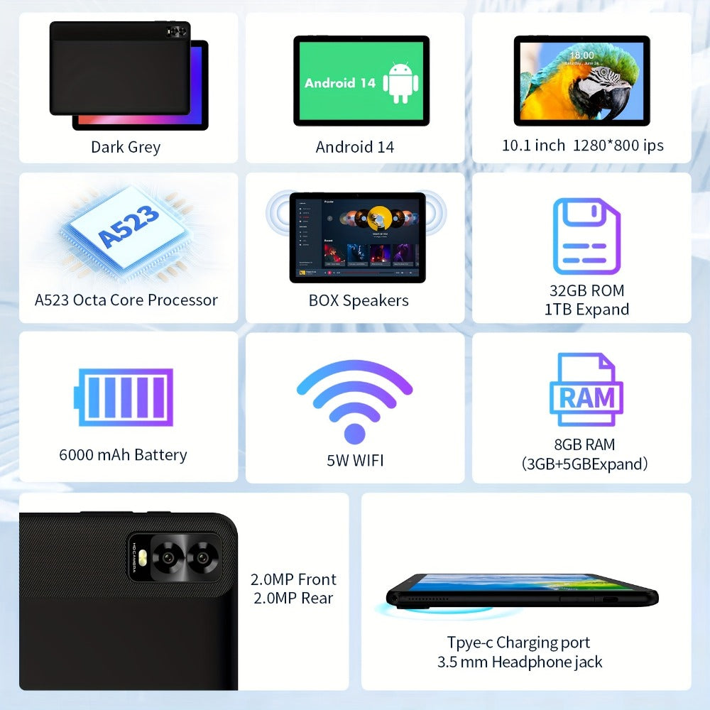 PRITOM Octa-Core Android 14 Tablet 10.1 Inch 8GB RAM 32GB ROM 2-in-1 with Keyboard Mouse Stylus & Protective Case, 1TB Expandable, Dual Camera, No WiFi Offline Tablet PC for Work Study Entertainment