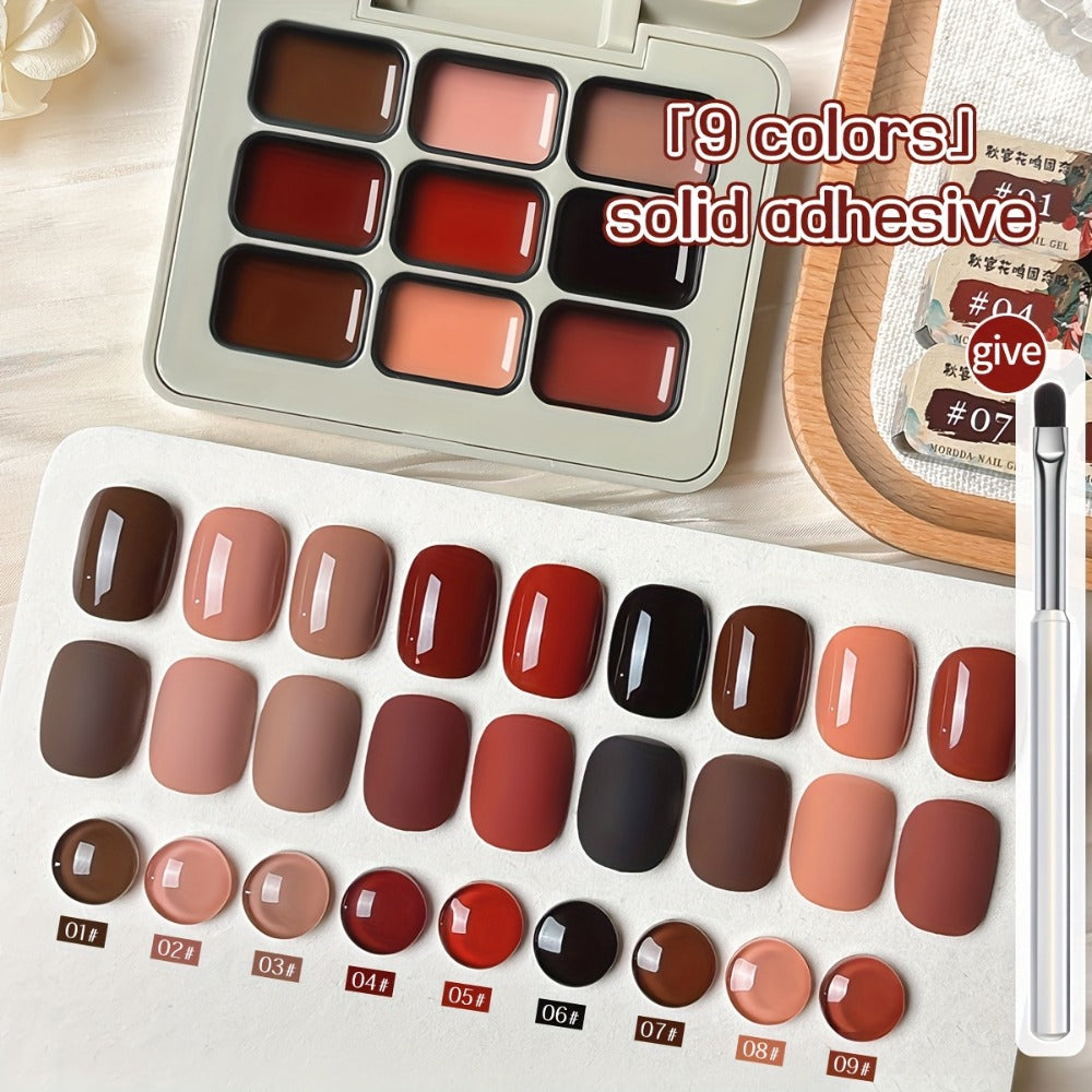 Gel Nail Polish Set 9 Colors Autumn Harvest High Saturation Soak-Off LED — Alcohol-Free Long-Lasting Solid Gel Polish Kit with Light Therapy Pen for Salon & Home Manicure