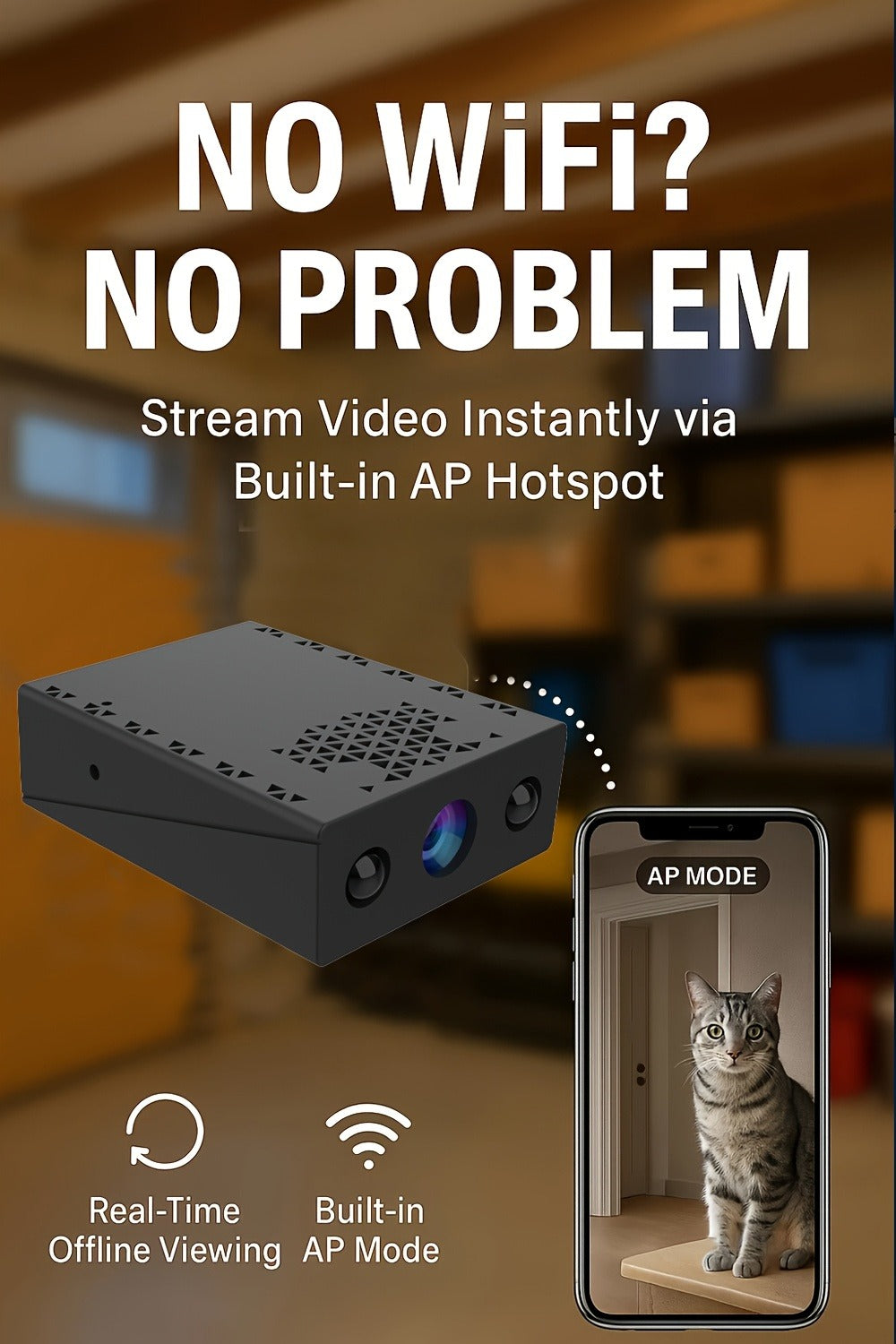 Mini Security Camera No WiFi No Internet Needed, Full HD 1080P Wireless Indoor Camera Built-In AP Hotspot, Night Vision, Motion Detection, Voice Recording, Cloud Storage – Home Garage Baby Pet Monitor