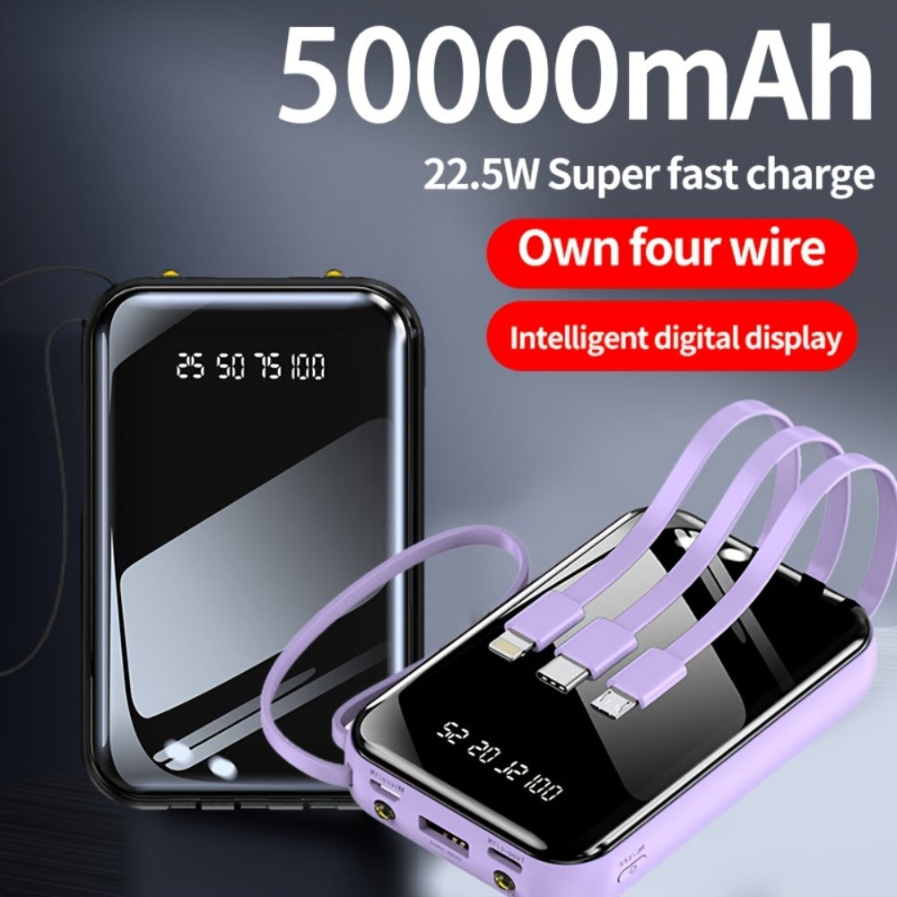 Built-in Cables Flashlight 50000mAh Power Bank Portable Charger, Fast Charging LED Display Emergency Battery Pack for iPhone Android Outdoor Travel Camping Hiking – Black Purple Available