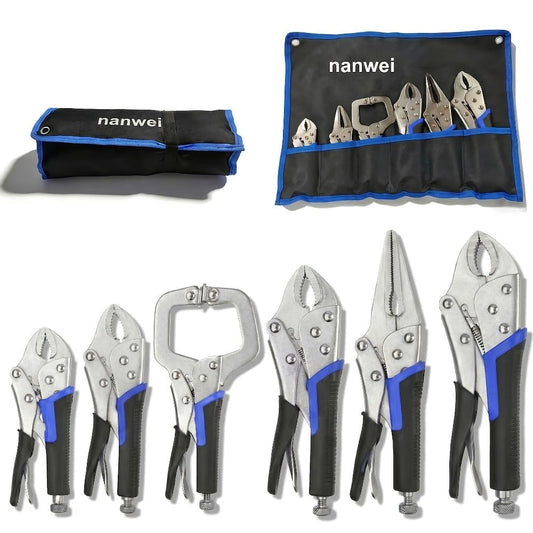 Pliers Set, 6-Piece Needle Nose, Curved Jaw & C-Type Locking Tools in 5–10 Inch Sizes