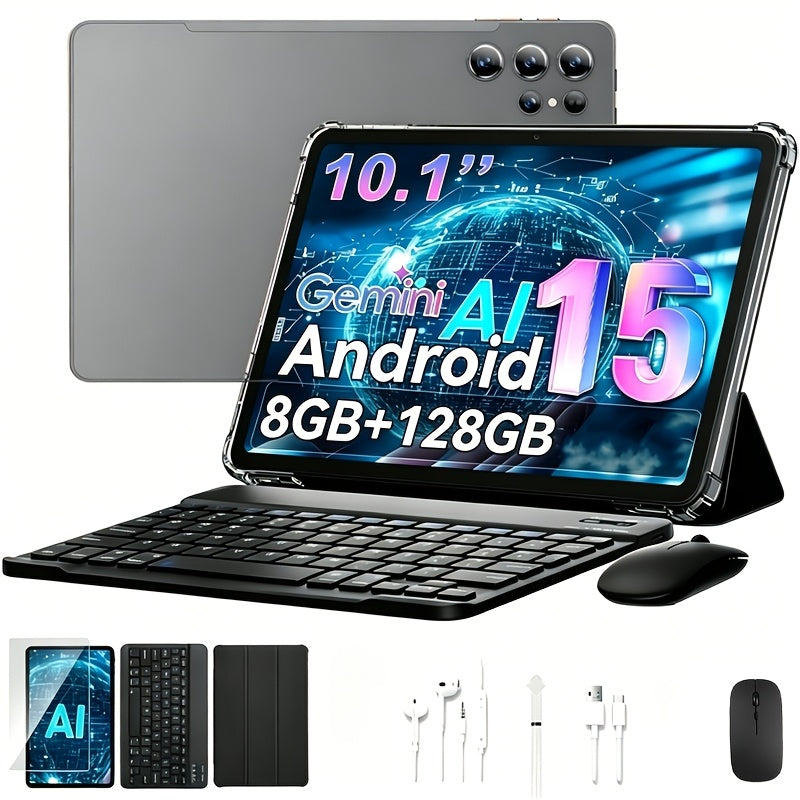 2-in-1 Tablet Android 15, 10.1 Inch Tablet with Keyboard Case Stylus, 8GB RAM 128GB ROM, 8000mAh Battery, 5G WiFi, 5MP+16MP Dual Camera, 1280x800 FHD IPS, Tablet PC for Adults Kids