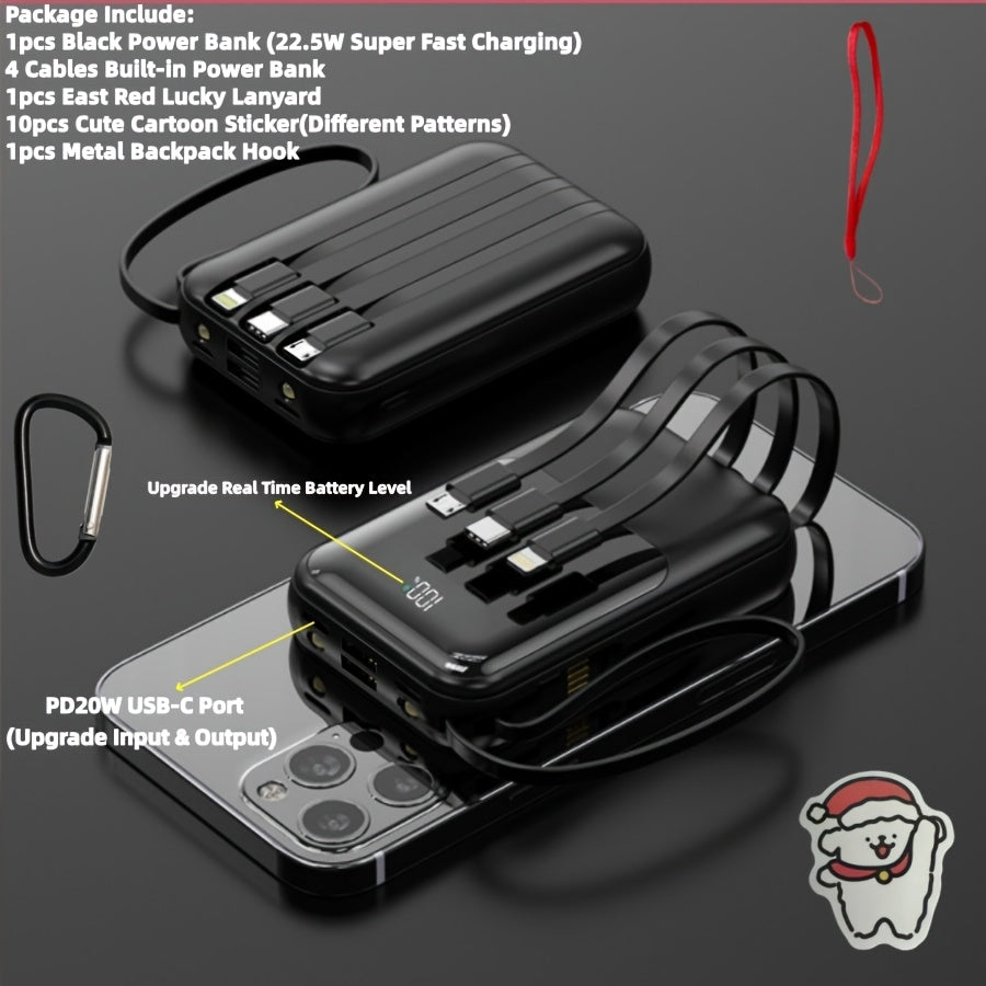 10000mAh Mini Power Bank 4 Built-In Cables Ultra-Bright LED Digital Display – 22.5W Super Fast Charging Multifunctional Portable Charger for Outdoor Travel, Compatible with iPhone Android Samsung