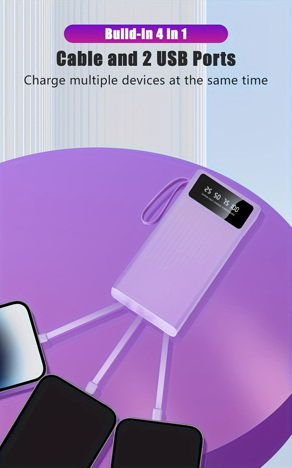 30000mAh Large Capacity Power Bank 15W Fast Charging with 4 Built-In Cables & 4-Mode Camping Light, Business Minimalist Portable Charger 10000mAh 20000mAh Compatible with iPhone Android – Black Purple White