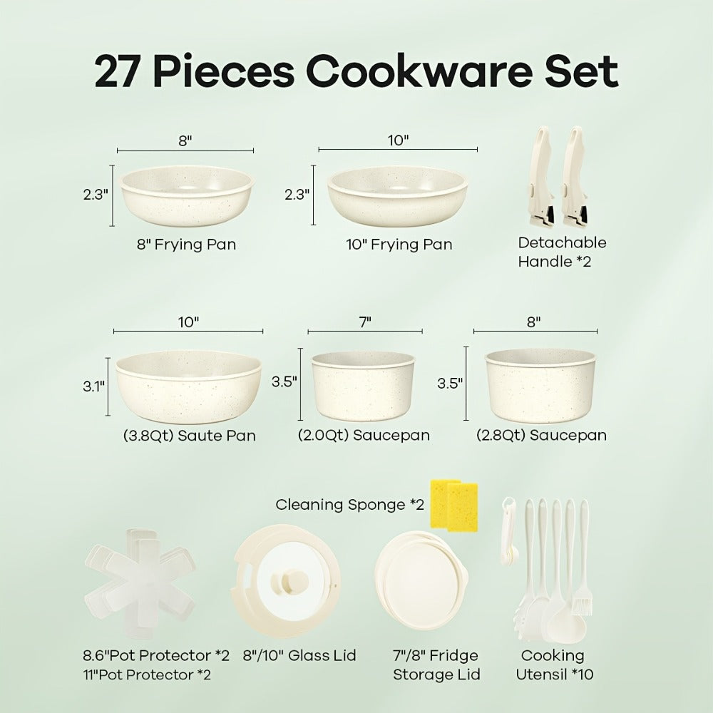 Nonstick Cookware Set 23 & 27 Piece with Removable Handles – Induction Oven Dishwasher Safe Pots and Pans | Non-Toxic Frying Pans Saucepans Space-Saving Kitchen Cooking Set in Beige & Pink