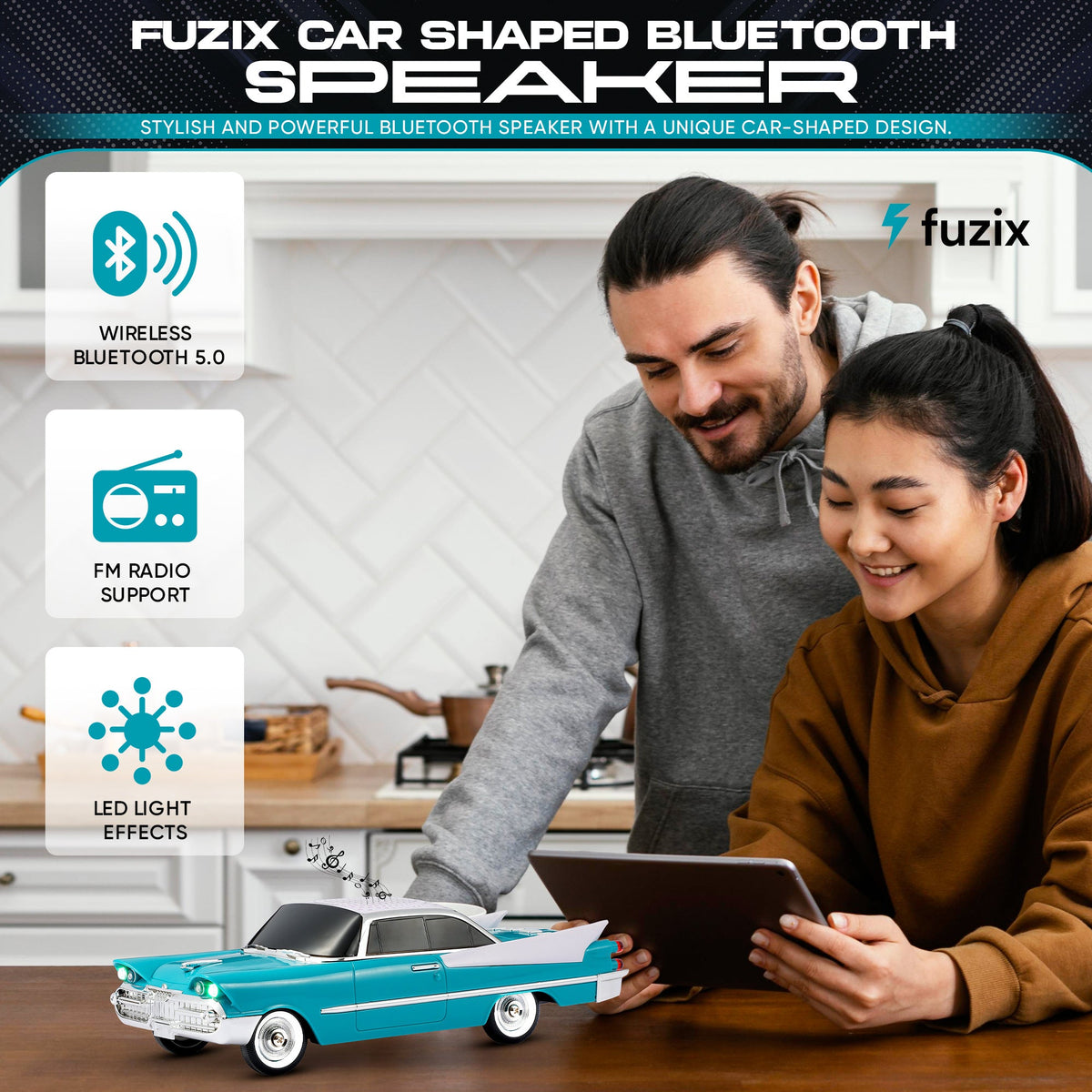 Retro Car Bluetooth Speaker with LED Headlights & Taillights, Fuzix WS-1965 Wireless Portable Stereo Speaker, AUX/USB/TF/FM Radio, Built-in Mic, Rechargeable Battery, Gift for Car Enthusiasts