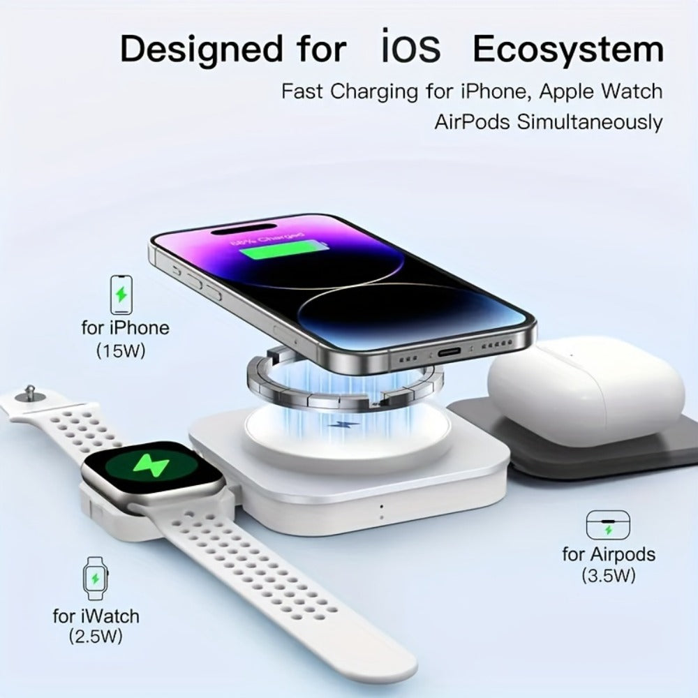 Foldable Travel 3-in-1 Wireless Charging Station 15W – Fast Charge for iPhone 17 16 15 14 13 12 Pro Max Plus, Apple Watch Ultra Series 9 8 7 6 5 4 3 2 1 SE & AirPods 4 3 2 Pro | Portable Black Charger
