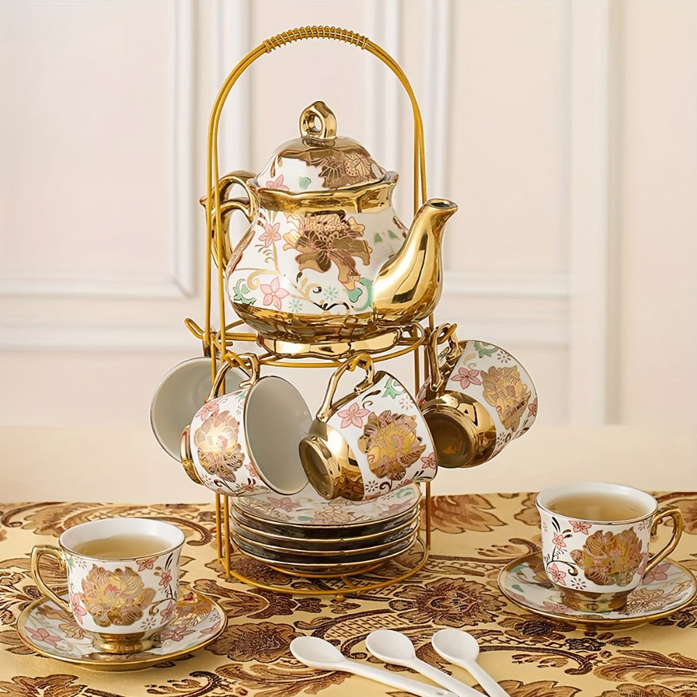 Floral Ceramic Tea Set 20 Pcs – European Porcelain Tea Cups & Saucers with Metal Holder & 15 Oz Teapot – Luxury Arabic Coffee Cup Set for Espresso, Cappuccino & Afternoon Tea – Elegant Gift