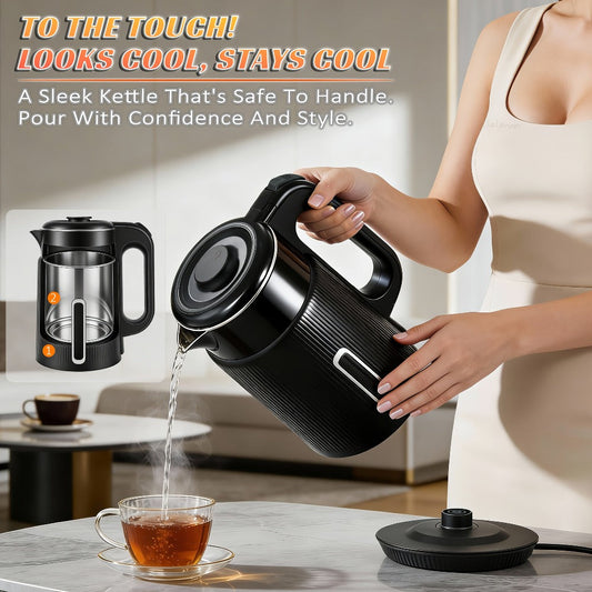 Double-Wall Electric Kettle, 1.7L 1000W, 304 Stainless Steel, Black