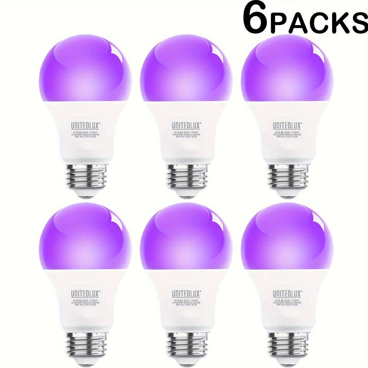 Black Light Bulbs 6 Pack A19 E26 LED UV Bulbs 9W 60W Equivalent 390-400nm UVA Glow in the Dark for Party Neon Poster Body Art Halloween Indoor Use 120V Shatterproof