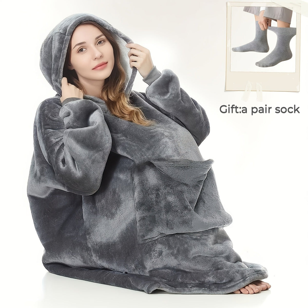 Wearable Hooded Blanket – Reversible Oversized Sherpa Throw with Kangaroo Pocket & Socks, Machine Washable, Christmas Gift, 4 Styles
