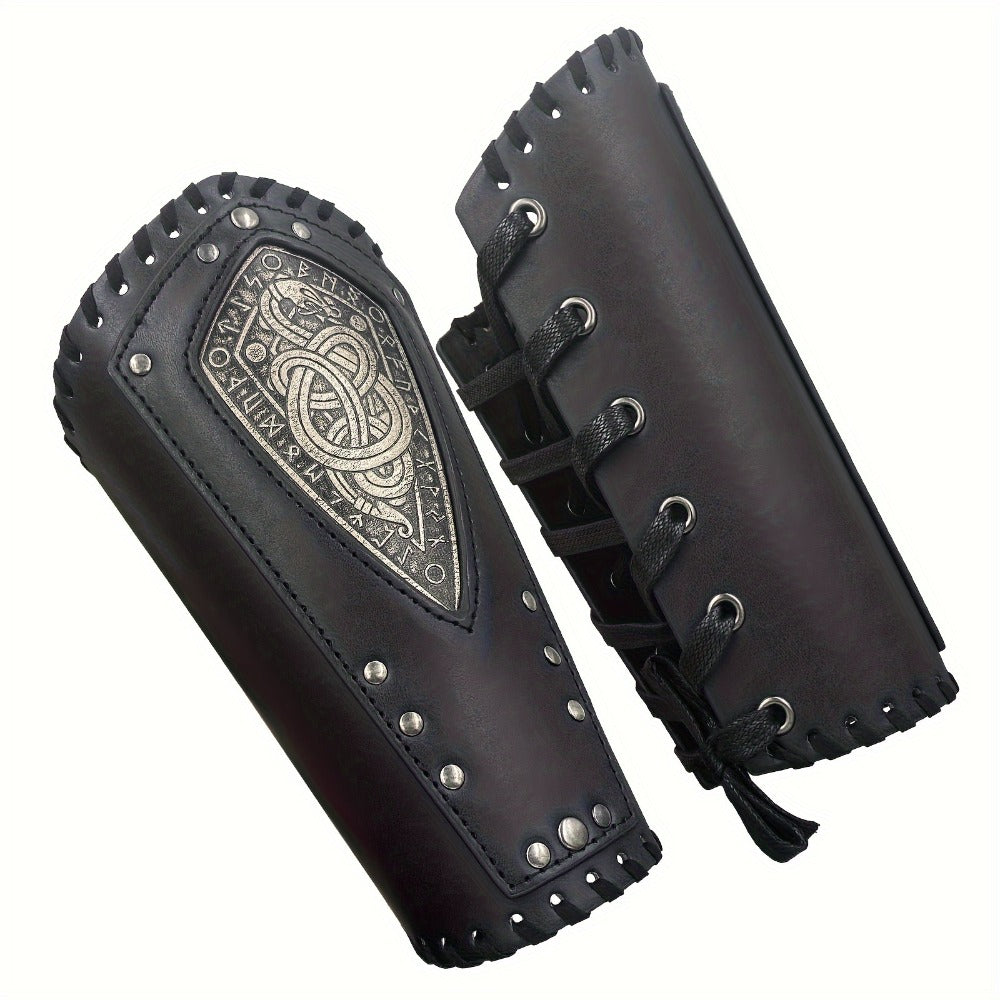 Viking Snake Wrist Guards 2-Pack Medieval Norse Leather Bracers, Nordic Retro Cosplay Props for Halloween LARP Renaissance Faire Costume Accessory, Black & Coffee