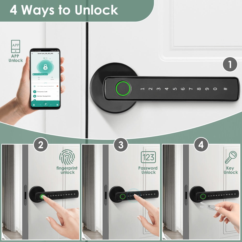 Aluminum Alloy Smart Door Handle Lock 4-in-1 with Fingerprint, Password, App & Key, Left & Right Hand Compatible, Heavy-Duty Keyless Entry Electronic Handle for Apartment Hotel Bedroom Interior Door