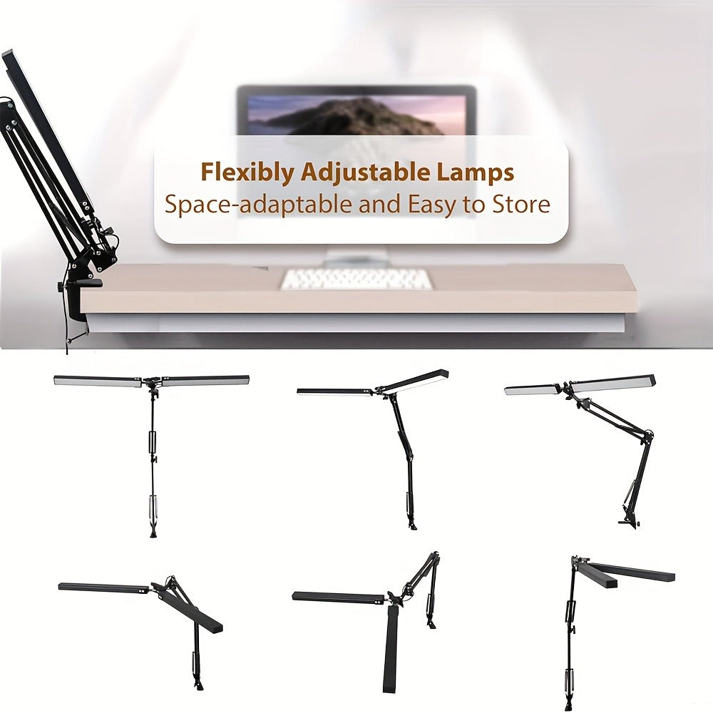 Dual Head Clamp Desk Lamp USB Powered – 2X Brighter Swing Arm LED Light, 3 Color Modes & 10 Brightness Levels for Dual Monitors, Drafting, Workbench & Home Office, Black
