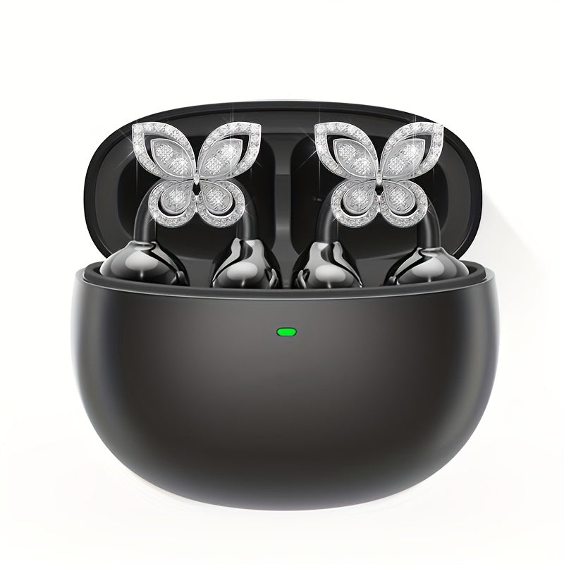 Clip On Wireless Earbuds Open Ear Bluetooth Headphones with Detachable Gemstone Earrings ANC Noise Reduction HD Stereo Hands-Free for Sports Exercise Work Study Outdoors