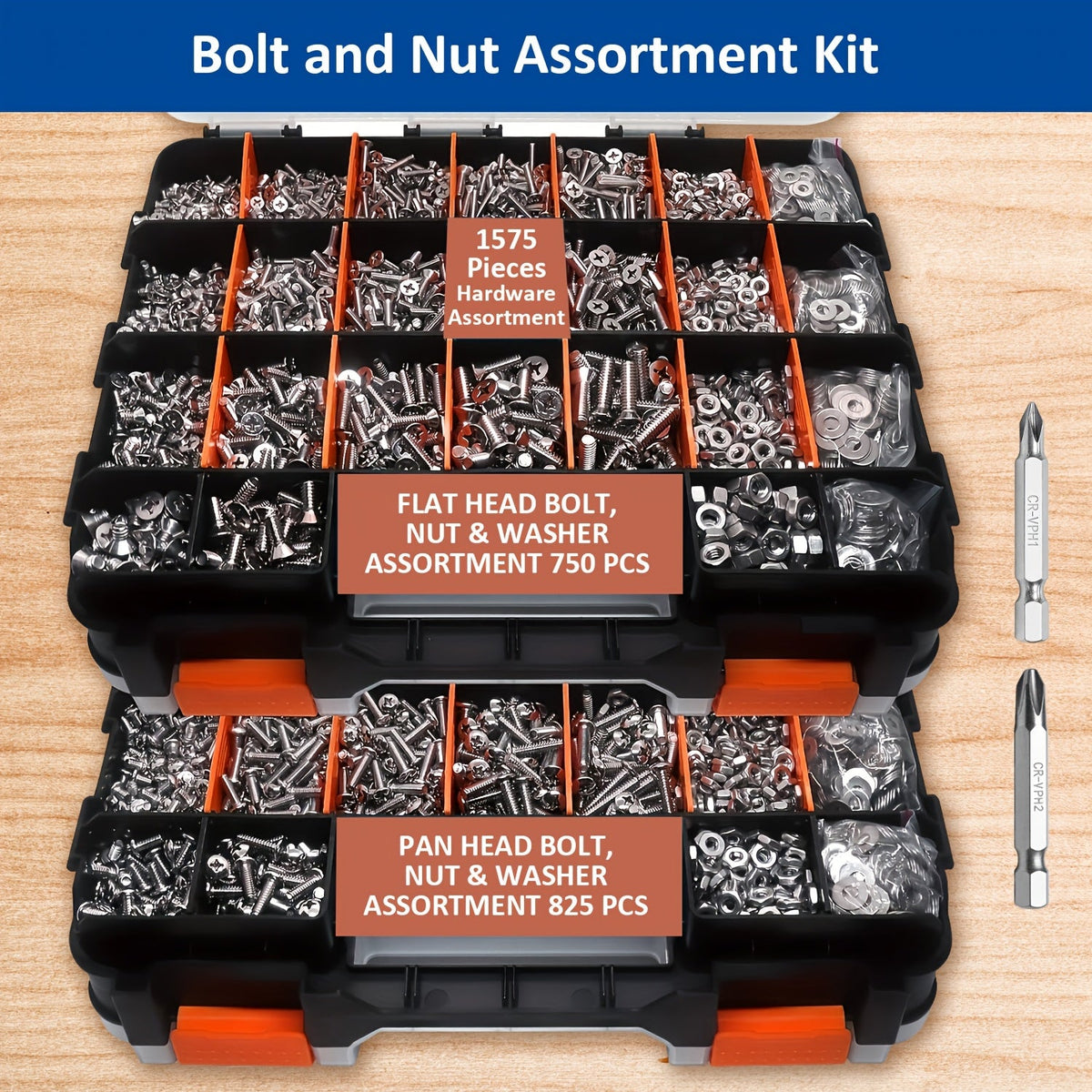 1575pcs 304 Stainless Steel Nuts and Bolts Assortment Kit – Pan Head Flat Head Screws Nuts Washers with Double-Sided Storage Box for Home & Mechanical Repairs