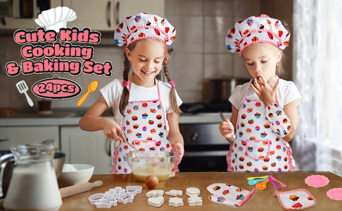 Kids Pretend Baking Set, 24-Piece Chef Hat and Apron with Play Accessories