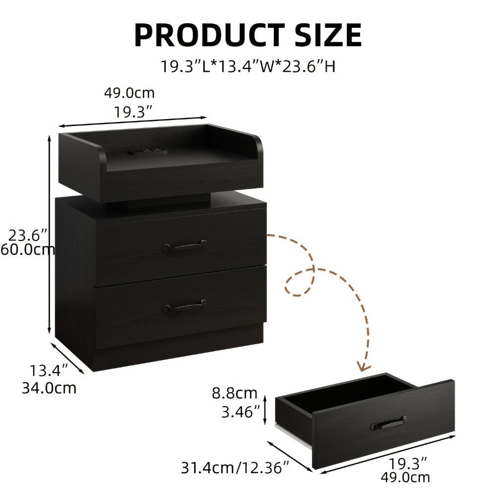 Bedside Table with Charging Station & LED Lights – Modern Wooden Nightstand with Drawer & Open Shelf | Black or White | 1pc or 2pcs Set | Bedroom Living Room End Table | Housewarming Gift