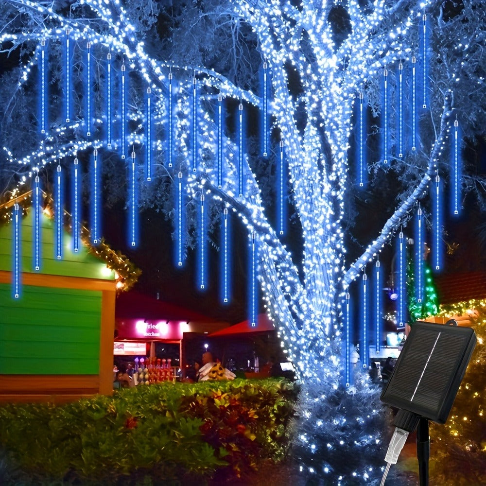 Solar Meteor Shower String Lights 192 LED Flower Theme - Outdoor Hanging Tree Lights Touch Control Warm Multi Color Blue for Garden Courtyard Christmas Halloween 4th of July Wedding Decoration