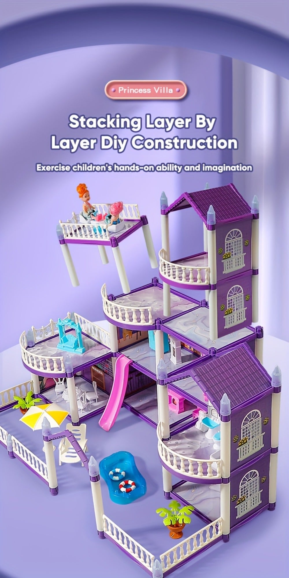 Purple LED Dollhouse Playset with 6 to 16 Room Options and Furniture