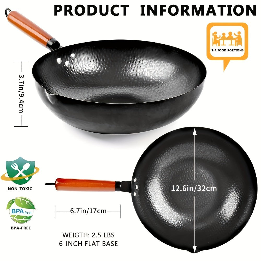 Cast Iron Wok Set 14 Piece 12.6 Inch Flat Bottom Stir Fry Pan with Lid Spatula Accessories - Natural Non-Stick Black Iron Wok for All Stoves Gas Electric Induction Honeycomb Design
