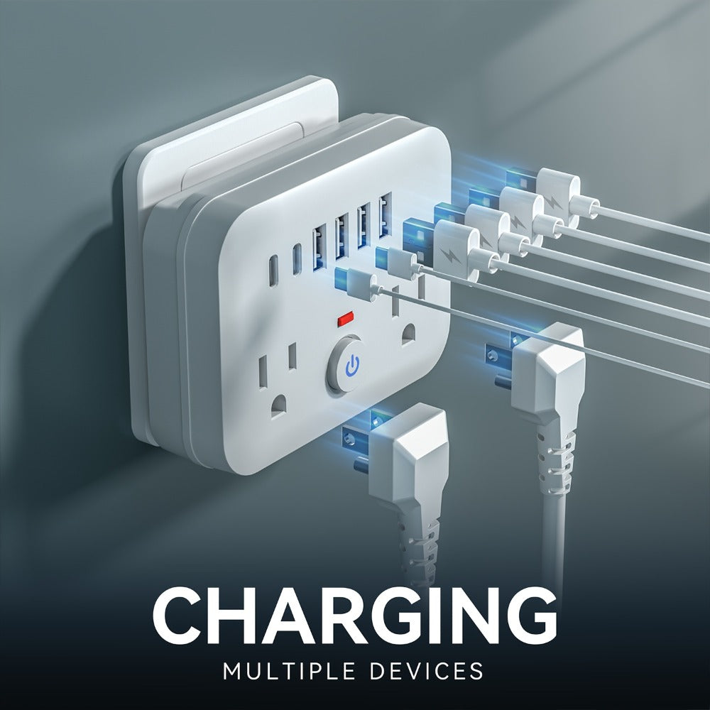 Compact Travel Surge Protector Power Strip 8-in-1 with 2 AC Outlets 4 USB-A Ports 2 USB-C Jacks Overload Protection Wall Mount Mini Portable Charging Station for Home Office Travel – Black or White