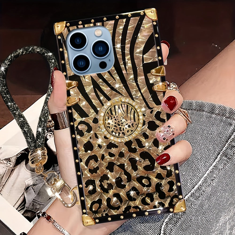 Leopard Print iPhone Case with Ring Buckle Stand Anti-Drop Fashion Rectangular Cover for iPhone 16 Pro Max 15 Pro Max 15 Plus 14 Pro Max 13 Pro Max 12 Pro Max – Trendy Women Girls Kickstand Phone Case