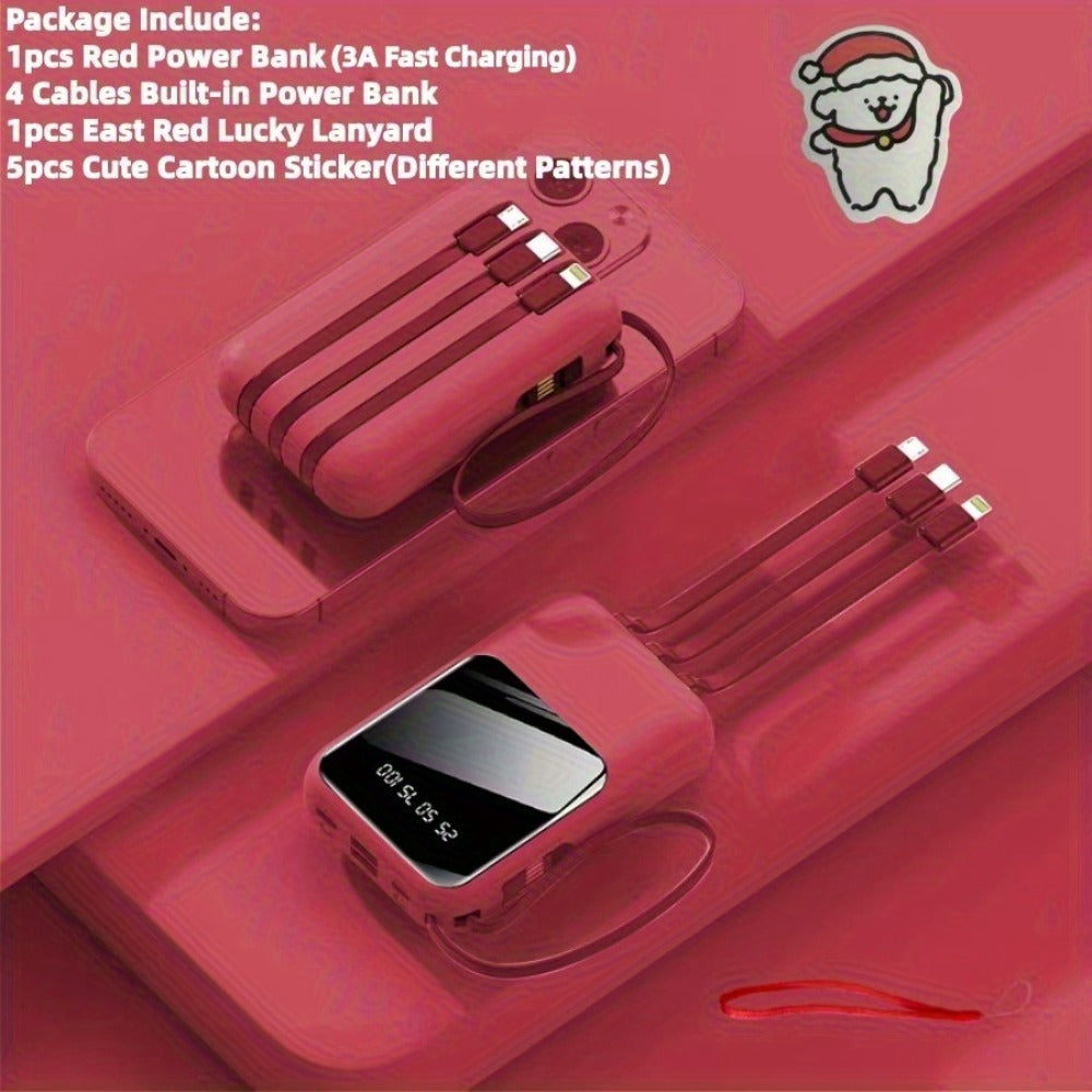 10000mAh Cute Cartoon Power Bank with 4 Built-In Cables & 22.5W Super Fast Charging - Portable Charger Dual LED Flashlight Compatible with iPhone Android USB-C, Travel Battery Pack Red Purple Black Yellow