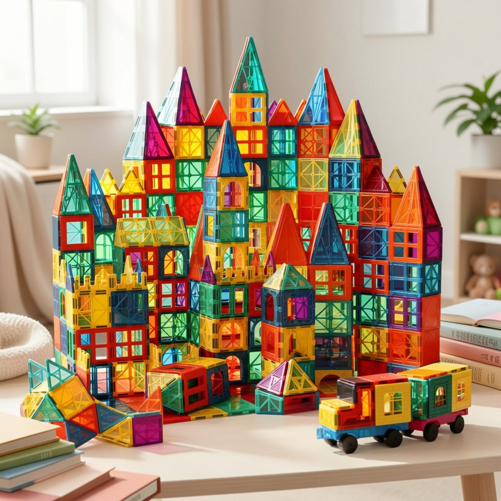 Magnetic Tiles Building Set for Kids Ages 3+, 106-Piece Multicolor with 2 Toy Cars or 136-Piece Basics