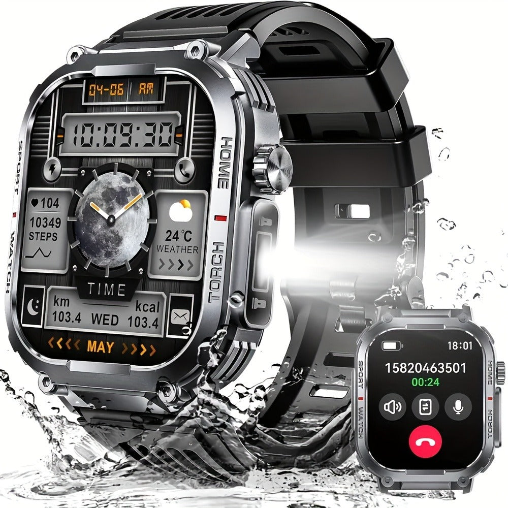 Flashlight Compass Outdoor Smartwatch for Men Waterproof 100+ Sport Modes Sleep Monitor Pedometer Calorie Tracker Rugged Hiking Camping Fitness Watch Compatible with iPhone – Black Pink Beige Orange